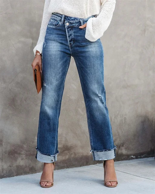 Alexa High Waist Button Splicing Straight Jeans