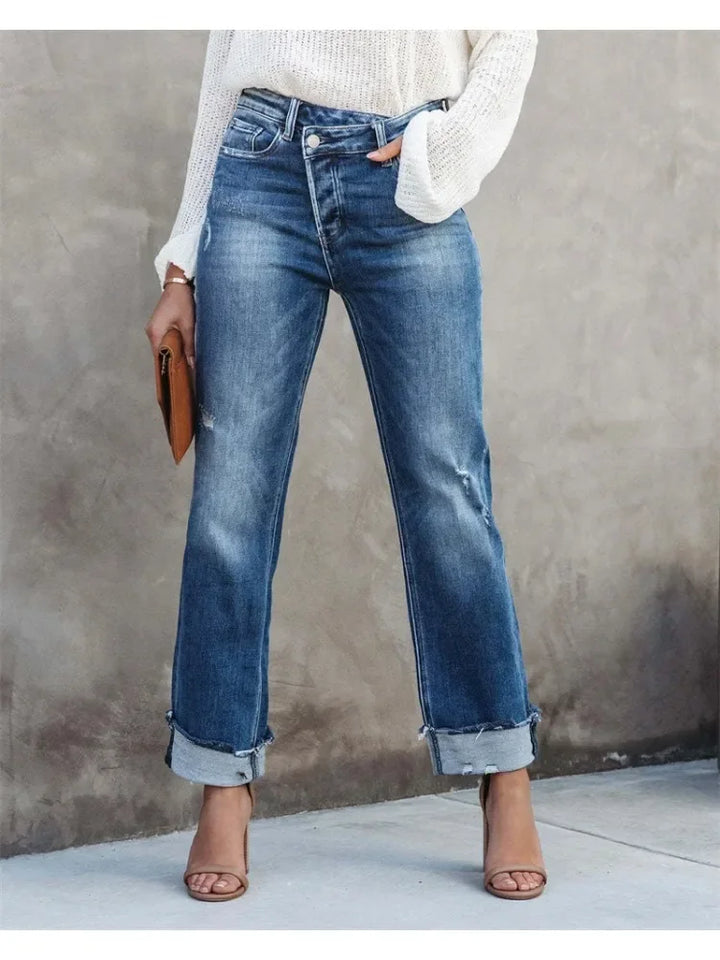 Alexa High Waist Button Splicing Straight Jeans