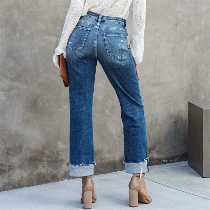 Alexa High Waist Button Splicing Straight Jeans