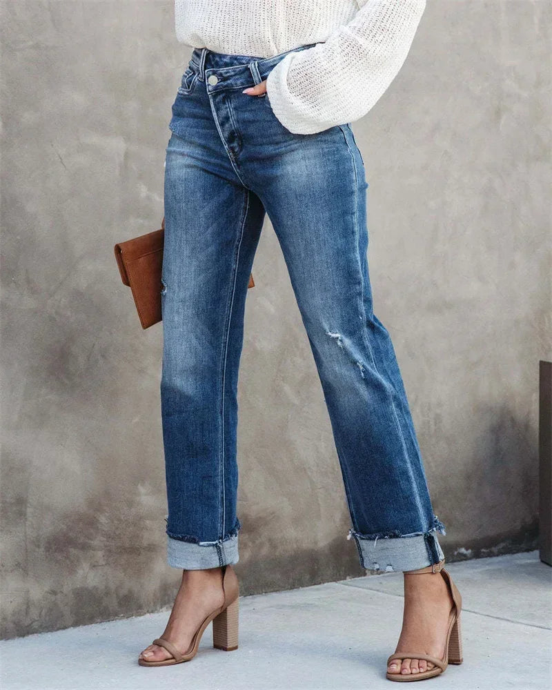 Alexa High Waist Button Splicing Straight Jeans